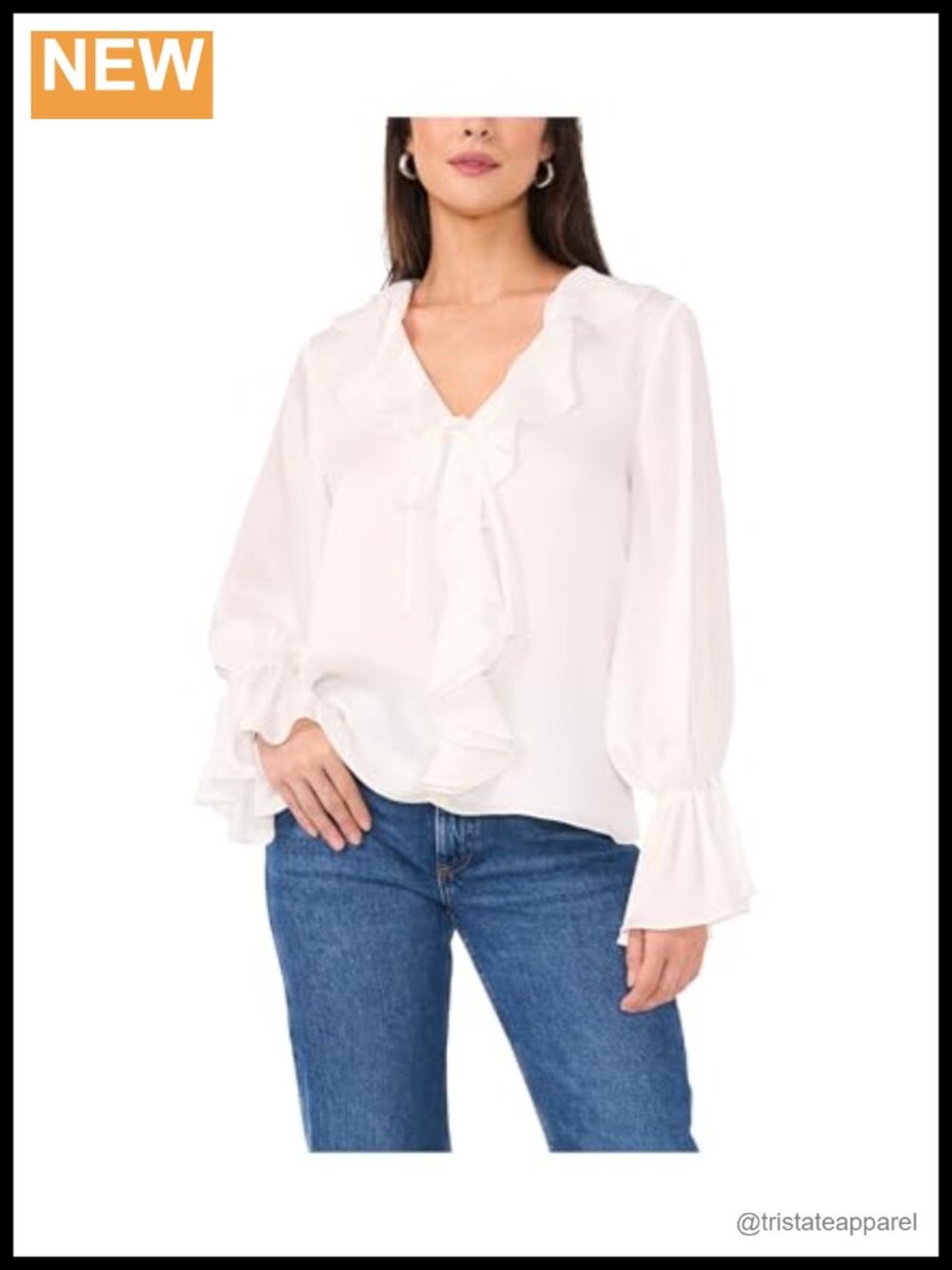 Double Ruffle Front V-Neck Blouse Long Sleeve Women's Top